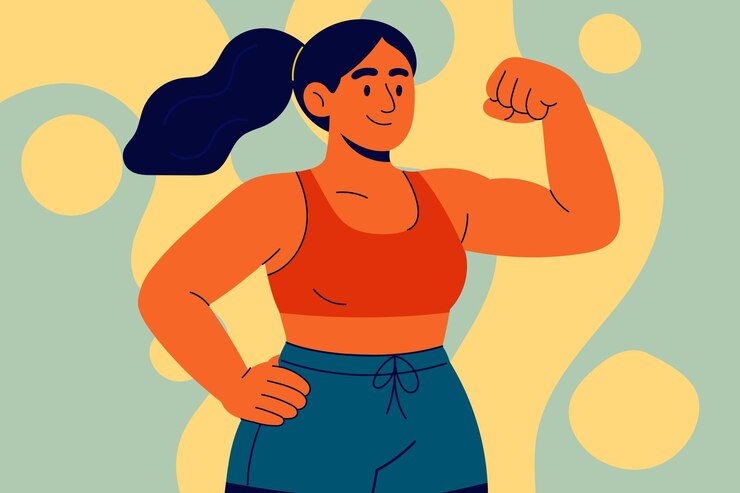 Vetor mulher em forma flexionando o bíceps mostrando força e confiança após o treino