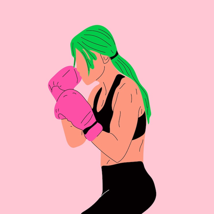Vetor mulher em luvas de boxe posando no saco de pancadas em roupas esportivas. conceito de poder feminino. vetor de desenho animado