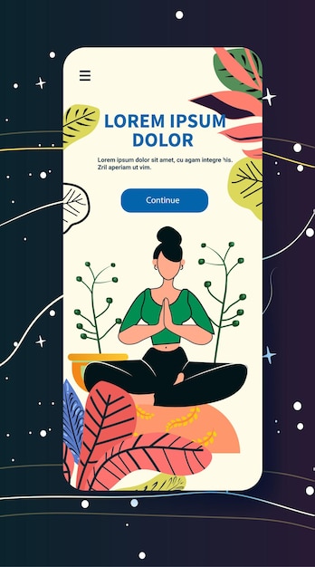 Mulher em meditação em postura de ioga cercada por plantas e folhas de fundo colorido design de tela de aplicativo móvel