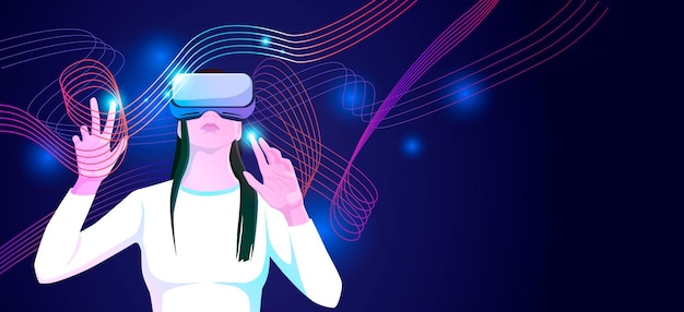 Mulher em óculos de fone de ouvido pintando linhas coloridas pelos dedos no universo do espaço do mundo da realidade virtual tecnologias digitais holograma abstrato experiência de ilustração vetorial interativa aumentada