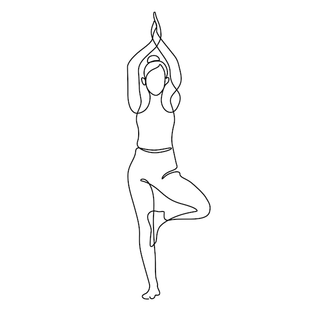 Mulher em pose de árvore ilustração de desenho de uma linha de ioga vetor