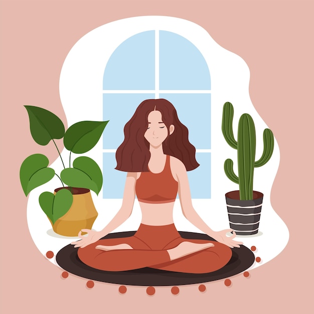 Mulher em postura de lótus meditando em casa