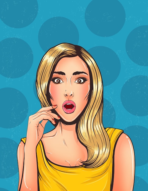 Mulher em quadrinhos Pop Art Vintage. Menina bonita confusa