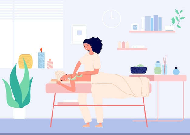 Mulher em salão de spa. Massagem, momento de relaxamento para procedimentos estéticos. Jovem e esteticista ou massagista. Ilustração do vetor de atividades de estilo de vida feminino. Salão de beleza spa, corpo de relaxamento feminino