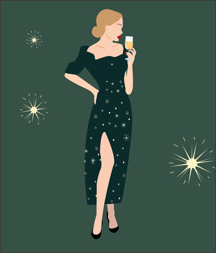 Vetor mulher em um elegante vestido de noite com uma taça de champanhe e acessórios de moda.