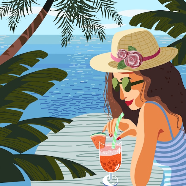 Vetor mulher em um fundo de mar azul beber coquetel de frutas sob árvores tropicais