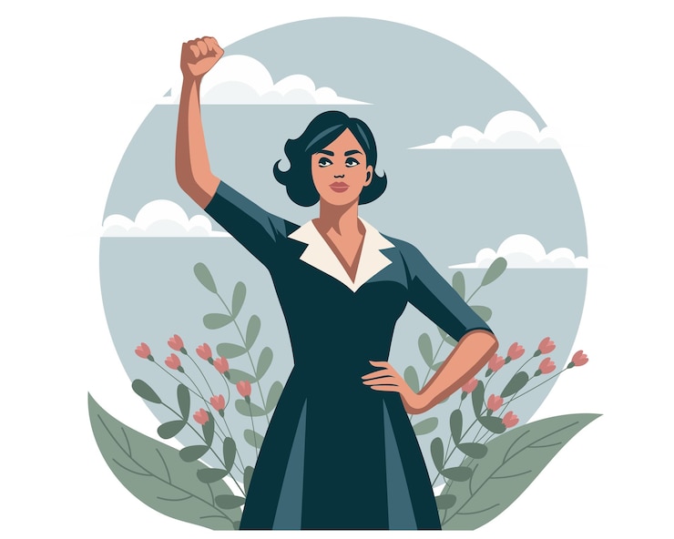 Vetor mulher empoderada com flores e mão levantada em protesto conceito de feminismo e igualdade