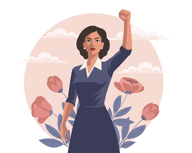 Mulher empoderada com flores e mão levantada em protesto conceito de feminismo e igualdade