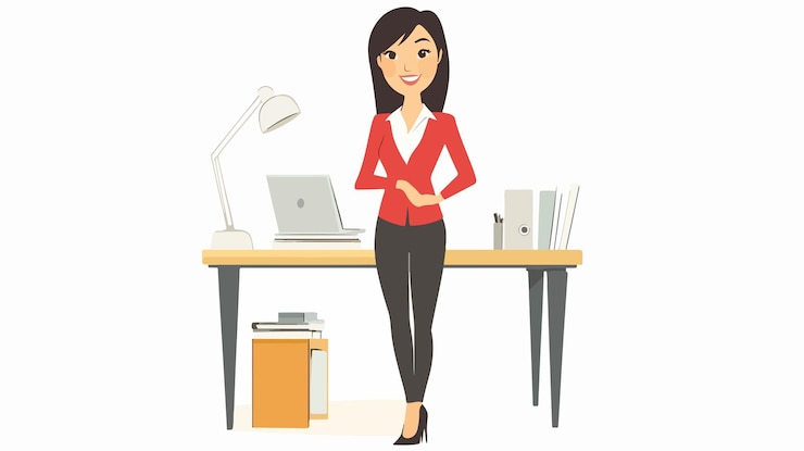 Vetor mulher empresária profissional asiática em ambiente de escritório moderno