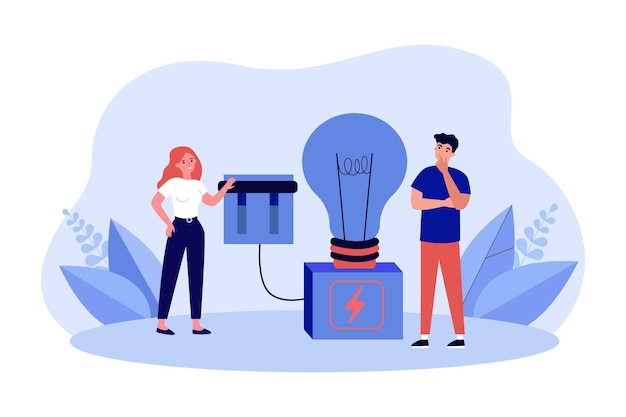 Mulher empurrando o interruptor, acendendo a lâmpada brilhante. Pequenas pessoas em pé com ilustração em vetor plana lâmpada elétrica. Conceito de ideia de negócio para banner, design de site ou página de destino da web