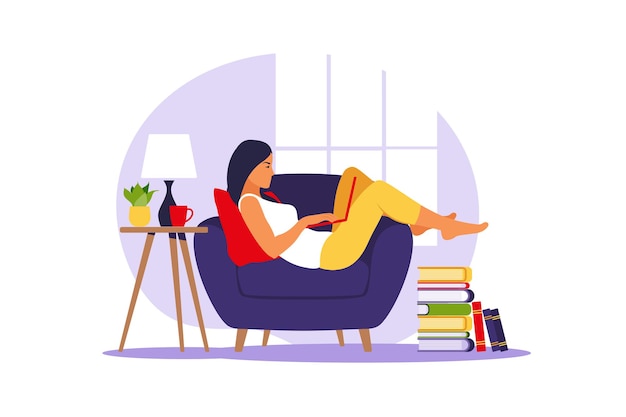 Mulher encontra-se com o laptop na poltrona. Ilustração do conceito para trabalhar, estudar, educação, trabalhar em casa.