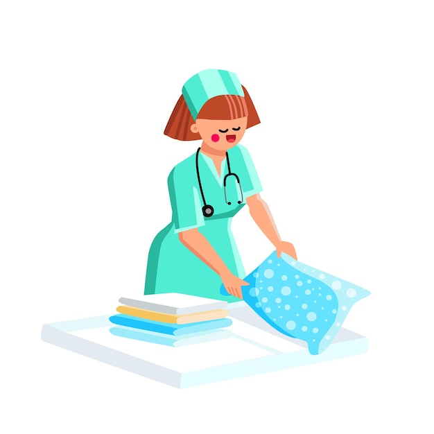 Vetor mulher enfermeira do hospital fazendo cama em vetor de câmara. jovem de enfermeira de hospital preparar o travesseiro para o paciente na clínica. ilustração de desenho animado de personagem senhora médica profissional de ocupação