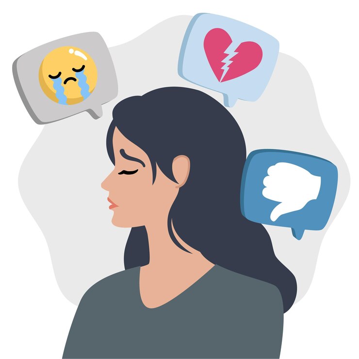 Vetor mulher enfrentando emoções e pensamentos negativos com expressão triste