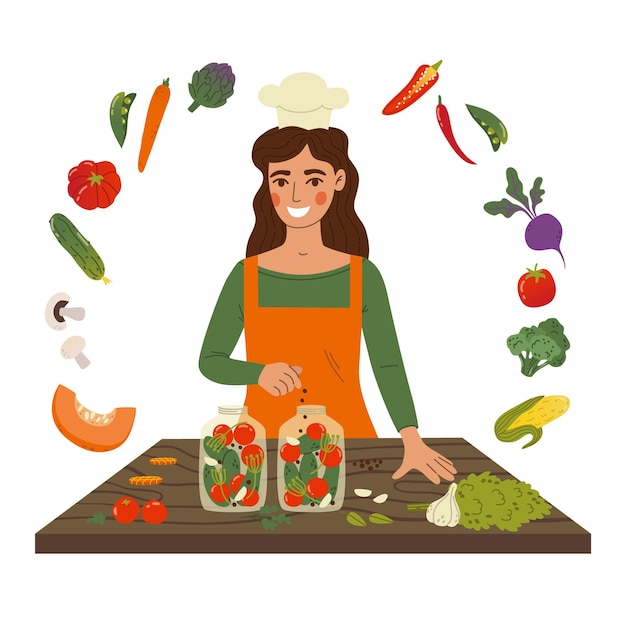 Mulher enlatando legumes caseiros em potes de vidro na mesa de madeira em estilo simples, isolado no branco