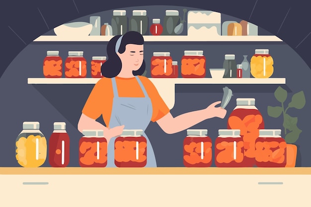 Mulher enlatando vegetais em garrafas na cozinha Dona de casa conserva vegetais em casa Ilustração vetorial