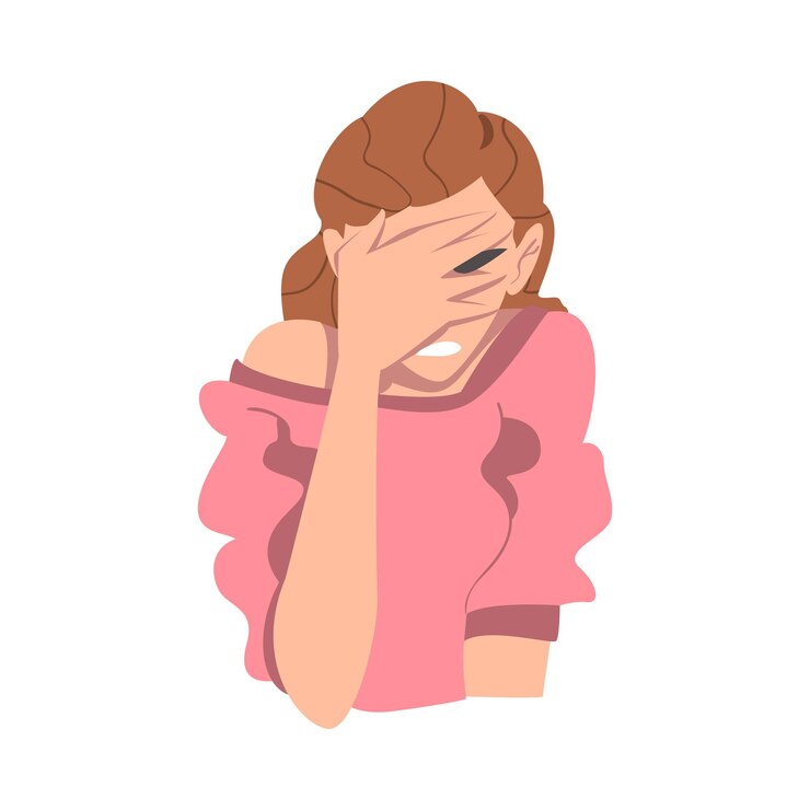 Vetor mulher envergonhada cobrindo o rosto com a mão pessoa arrependida personagem ilustração vetorial de estilo de desenho animado