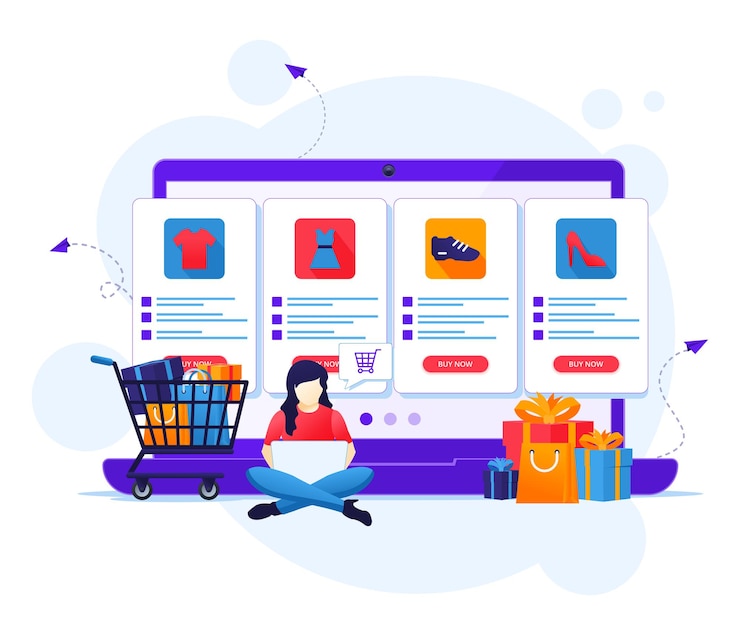 Vetor mulher escolhe e compra produtos na loja online