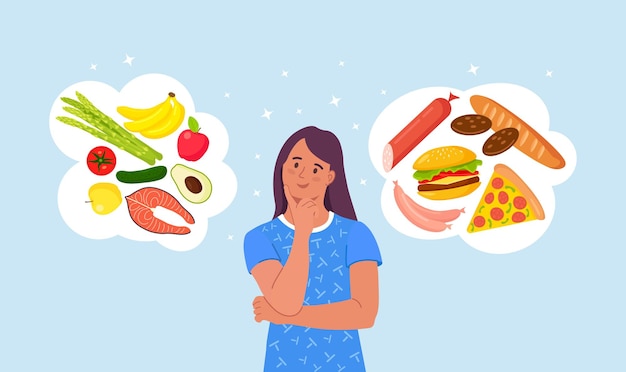 Vetor mulher escolhendo entre alimentos saudáveis e não saudáveis. comparação de fast food e menu balanceado