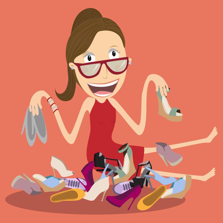 Vetor mulher escolhendo muitos sapatos uma mulher nunca pode ter muitos sapatos ilustração vetorial