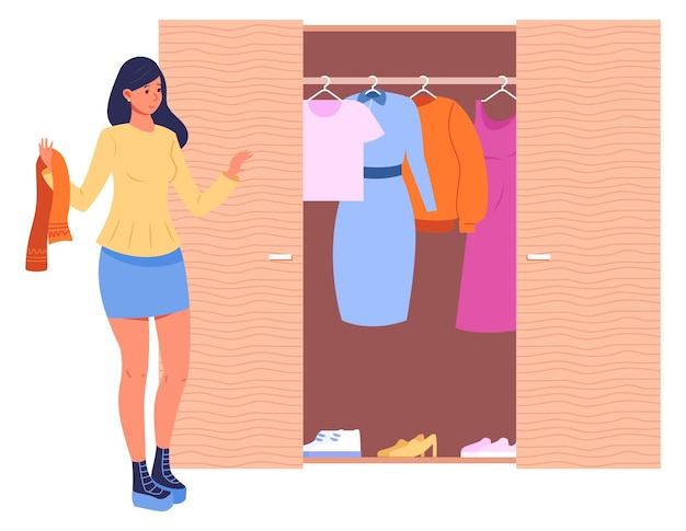 Mulher escolhendo roupas do guarda-roupa Armazenamento em casa