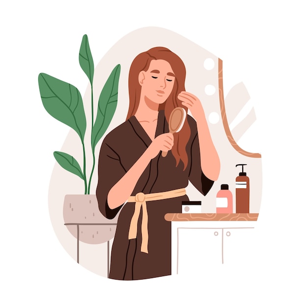 Mulher escovando, penteando cabelos longos limpos com pente. Jovem durante a preparação, cuidando do penteado no banheiro de casa. Rotina de beleza matinal. Ilustração vetorial plana isolada no fundo branco