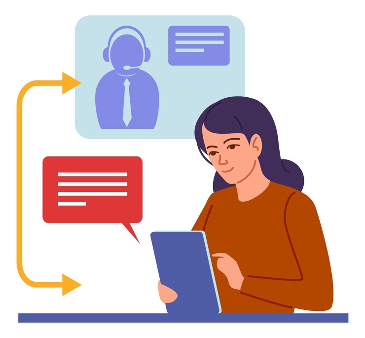 Vetor mulher escrevendo mensagem para apoiar o chatbot resolvendo o problema do cliente