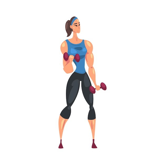 Mulher esportiva se exercitando com halteres Menina fazendo exercícios físicos em ginásio ou em casa Estilo de vida saudável Conceito Ilustração vetorial de estilo de desenho animado