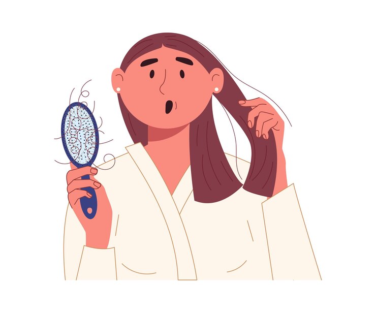 Vetor mulher excitada e chateada com pente na mão danos de perda de cabelo e conceito de alopecia vetor de cor