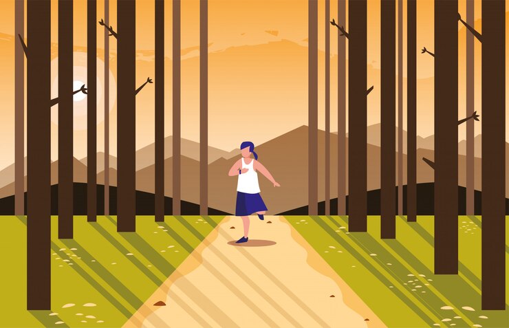 Vetor mulher exercitando ao ar livre com paisagem de fundo
