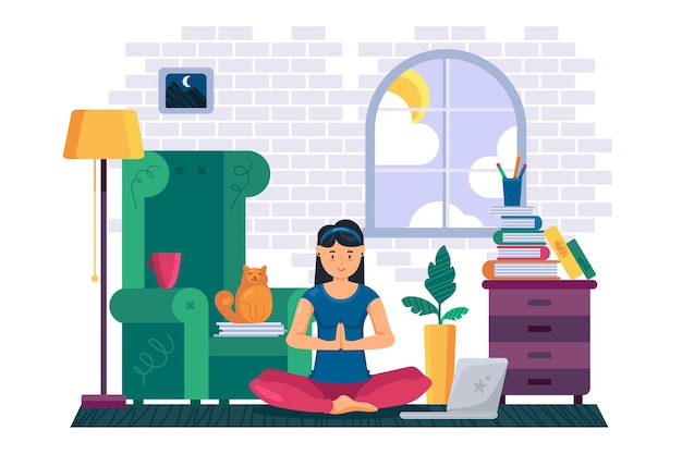 Mulher exercitando e meditando ioga em casa. jovem sentado em posição de lótus e treinamento online remoto com o treinador. ilustração plana dos desenhos animados