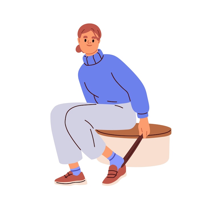Vetor mulher experimentando sapatos com um chifre de sapatos jovem garota se preparando para sair vestindo sapatos de tênis sentada no assento ilustração vetorial plana isolada em fundo branco