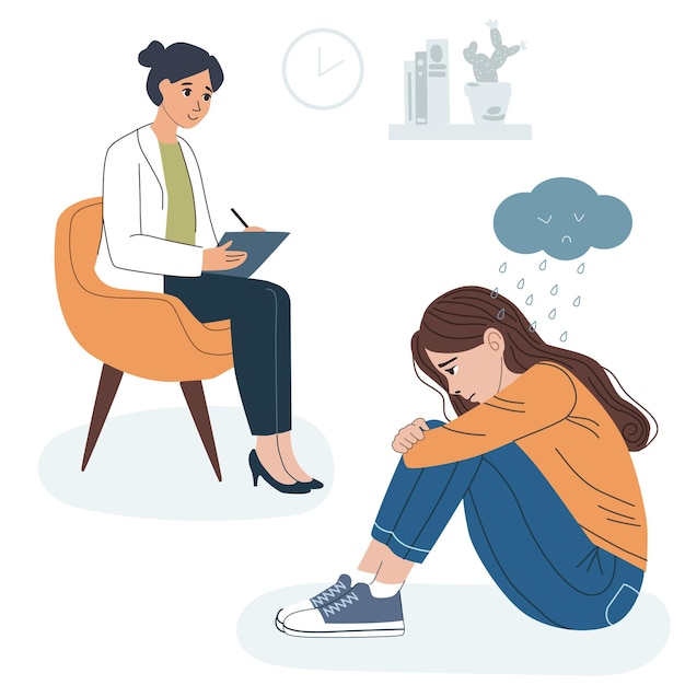 Mulher falando com paciente triste sessão de psicoterapia para o tratamento de problemas de saúde mental