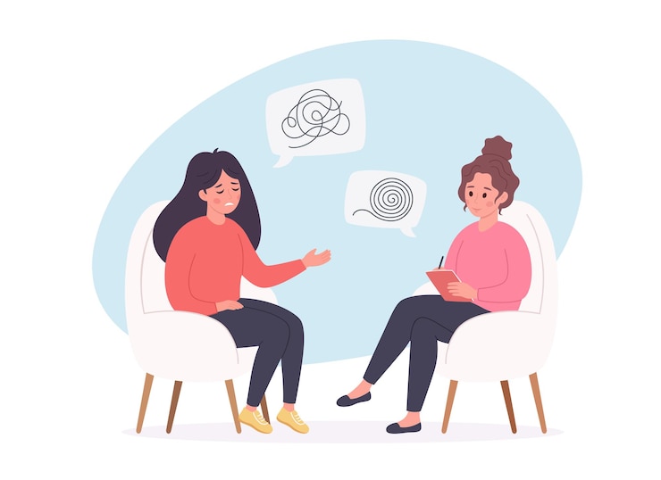 Vetor mulher falando com psicólogo conceito de saúde mental de terapia psicológica