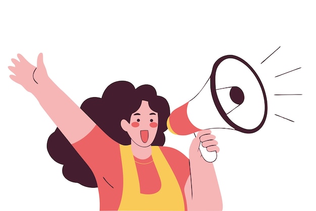 Mulher falando em um megafone Comercial de publicidade de promoção Ilustração vetorial