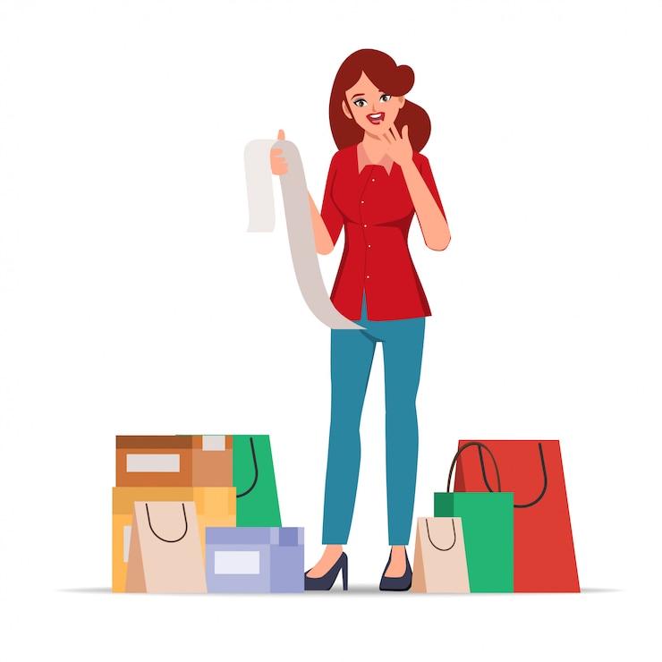 Vetor mulher faz cara de chocada com conta longa. cliente compra muitas sacolas.