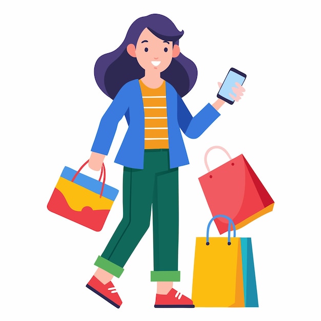 Mulher faz compras on-line com sacos e telefone