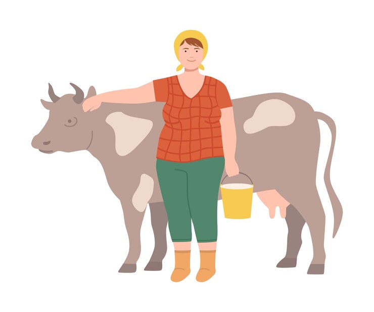 Vetor mulher fazendeira acariciando vaca e segurando balde com ilustração de vetor de leite fresco
