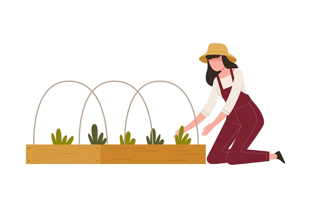 Mulher fazendeira em chapéu de palha cultivando o solo em um leito de jardim puxando ervas daninhas Ilustração vetorial