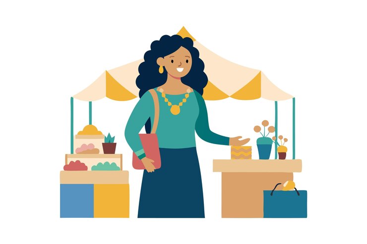 Vetor mulher fazendo compras na barraca do mercado com vários produtos
