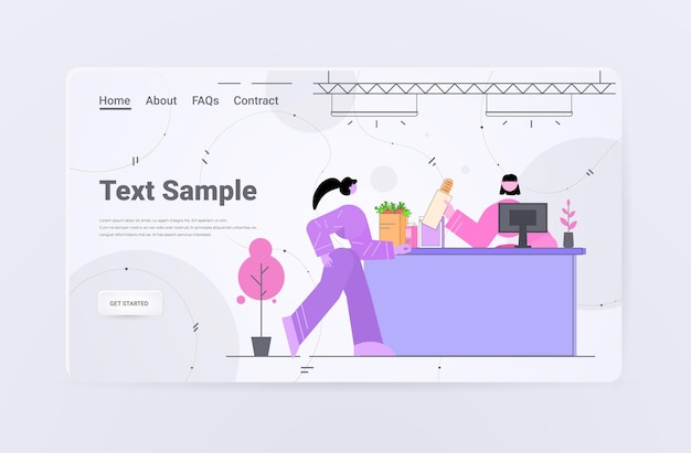 Mulher fazendo compras na mercearia no supermercado na página de destino do caixa