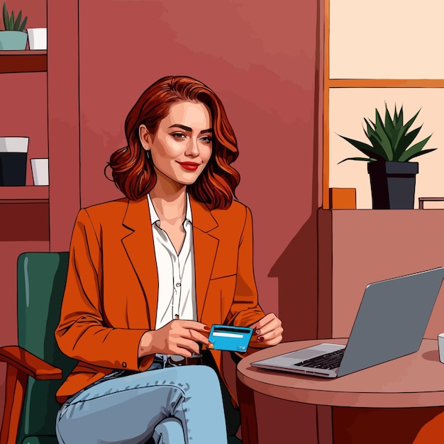 Mulher fazendo compras on-line com cartão de crédito e notebook ilustração de clipart vetorial