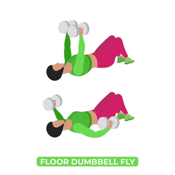 Vetor mulher fazendo exercícios de fitness com halteres no chão e peso corporal para o peito