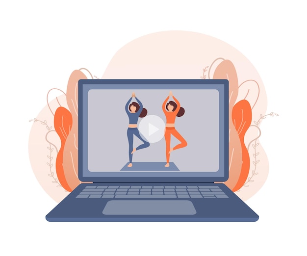 Mulher fazendo exercícios de fitness de ioga na tela do laptop Mulher bonita fazendo ioga em casa