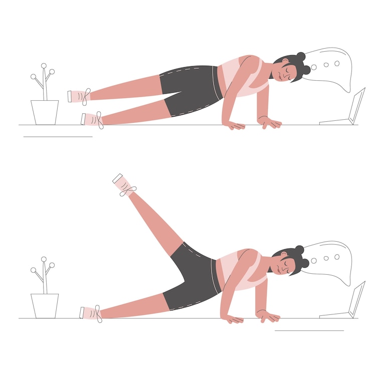 Vetor mulher fazendo exercícios de prancha lateral exercícios aeróbicos e exercícios conceitos de fitness e saúde
