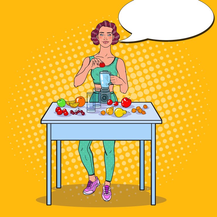 Vetor mulher fazendo smoothie com frutas frescas
