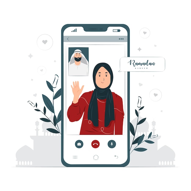 Mulher fazendo videochamada na ilustração do conceito de ramadan kareem