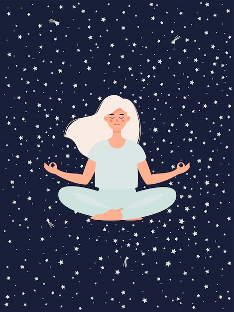 Vetor mulher fazendo yoga em pose de lótus no fundo do céu estrelado.