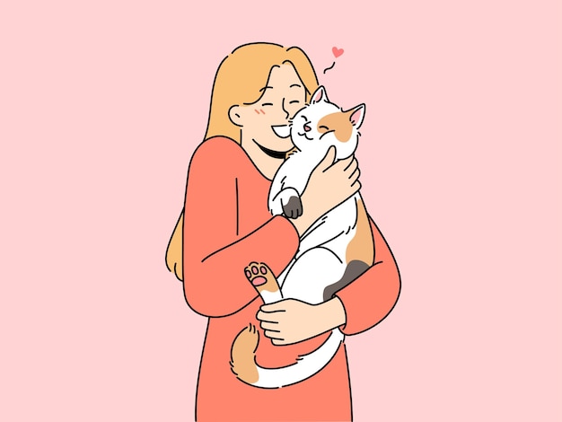 Mulher feliz abraça gato fofo