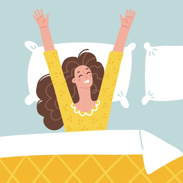Mulher feliz acordando e se esticando na cama metáfora de bom dia garota deitada de pijama sob bl