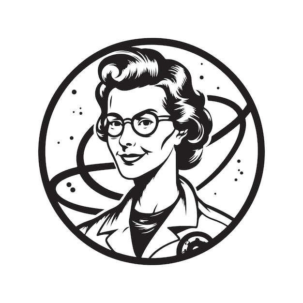 Mulher feliz cientista logotipo vintage conceito de arte de linha cor preto e branco ilustração desenhada à mão